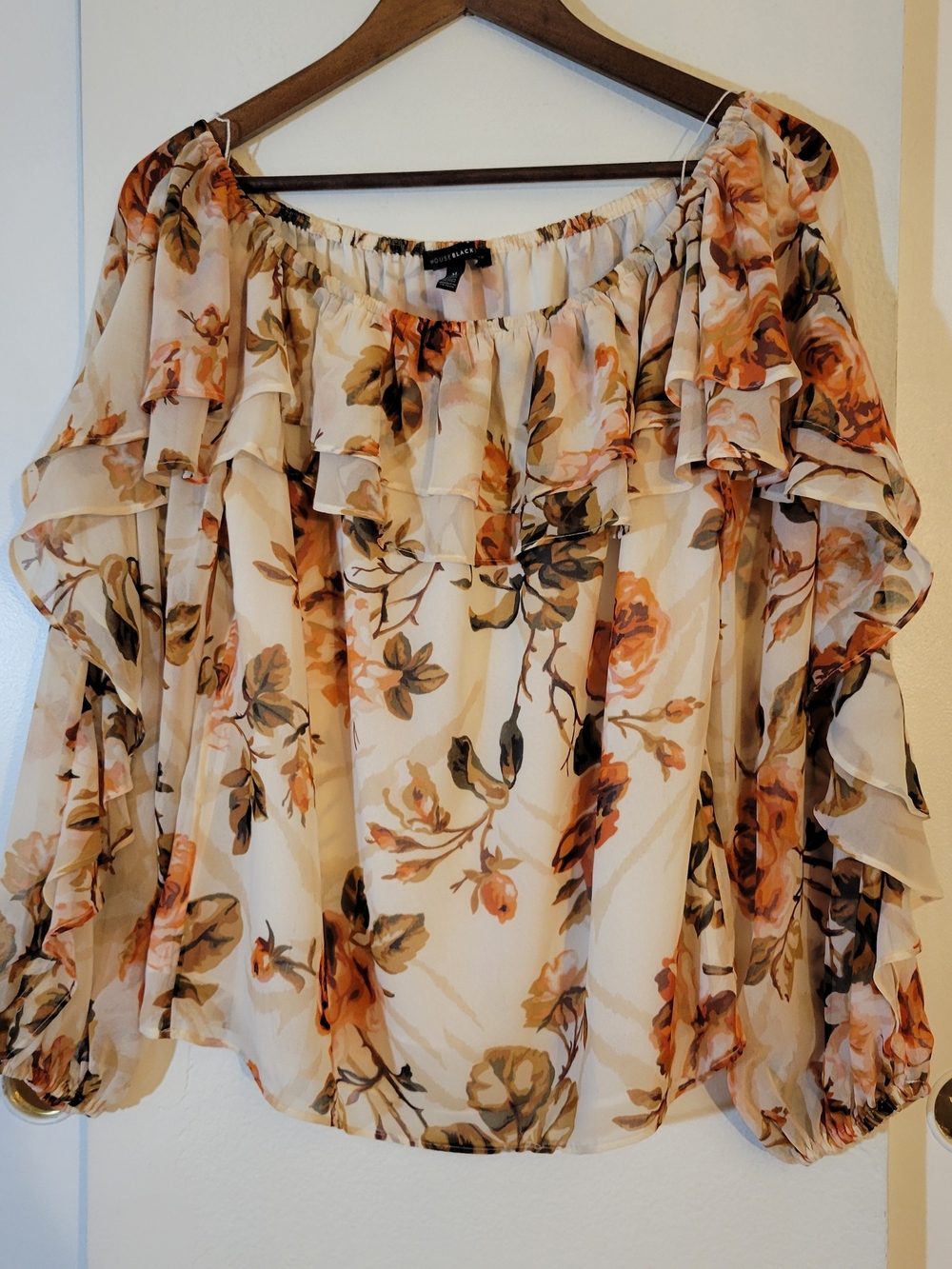 White House Black Market Cream Floral Off-Shoulder Ruffle Blouse